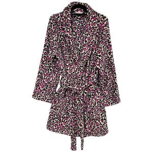 Victoria's Secret Cozy Plush Robe, Size M/L, Leopard Print Pink Hearts Fleece